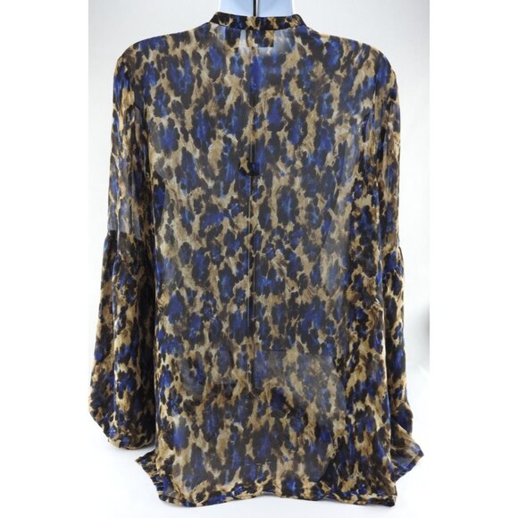 Chicos Sz 1 (M) Blue Brown Animal Print Sheer Blouse LS Pintuck Button Front - Picture 7 of 10